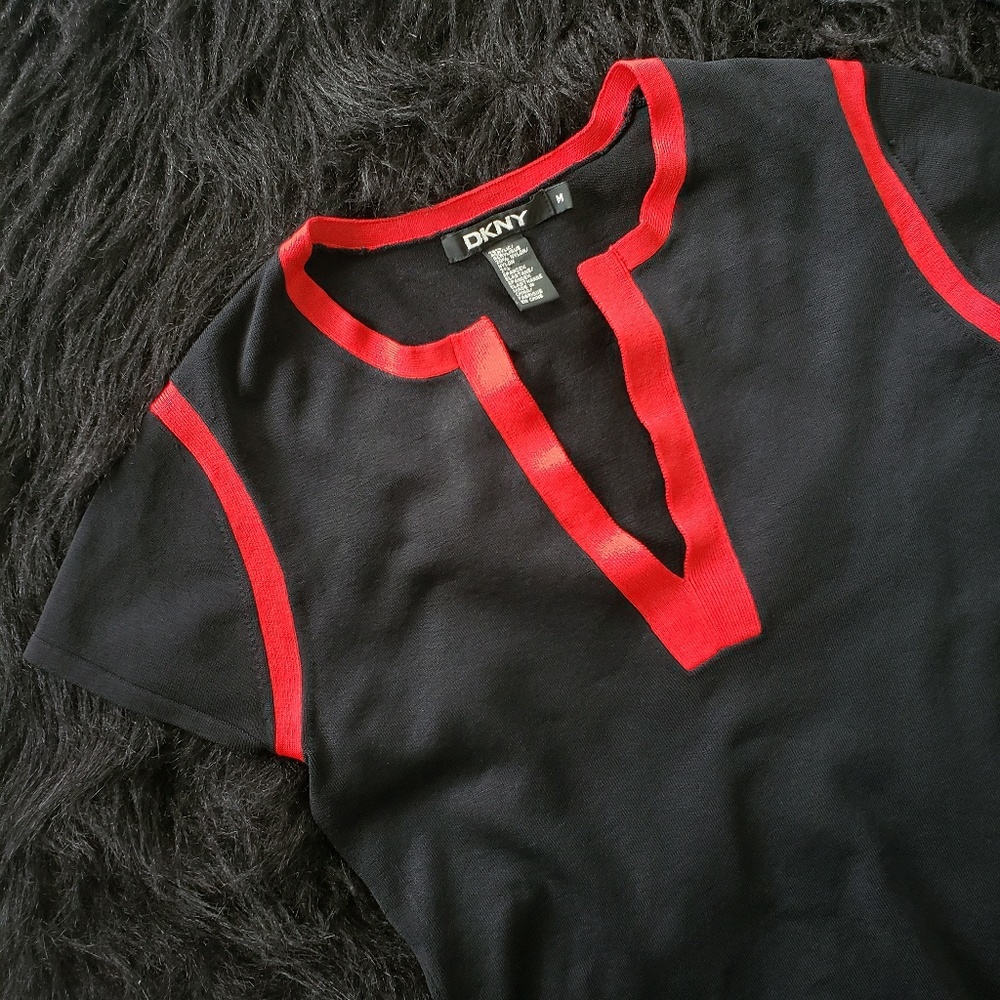 DKNY Black and Red Top V-Neck Medium